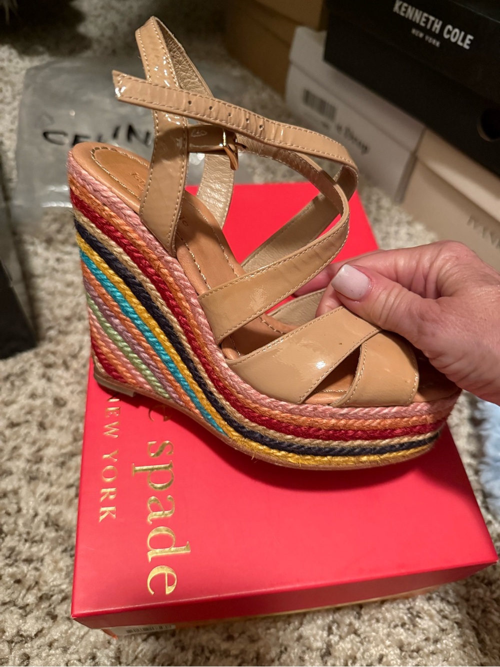kate spade Tan Patent Leather Multicolor Braided Espadrille Wedges